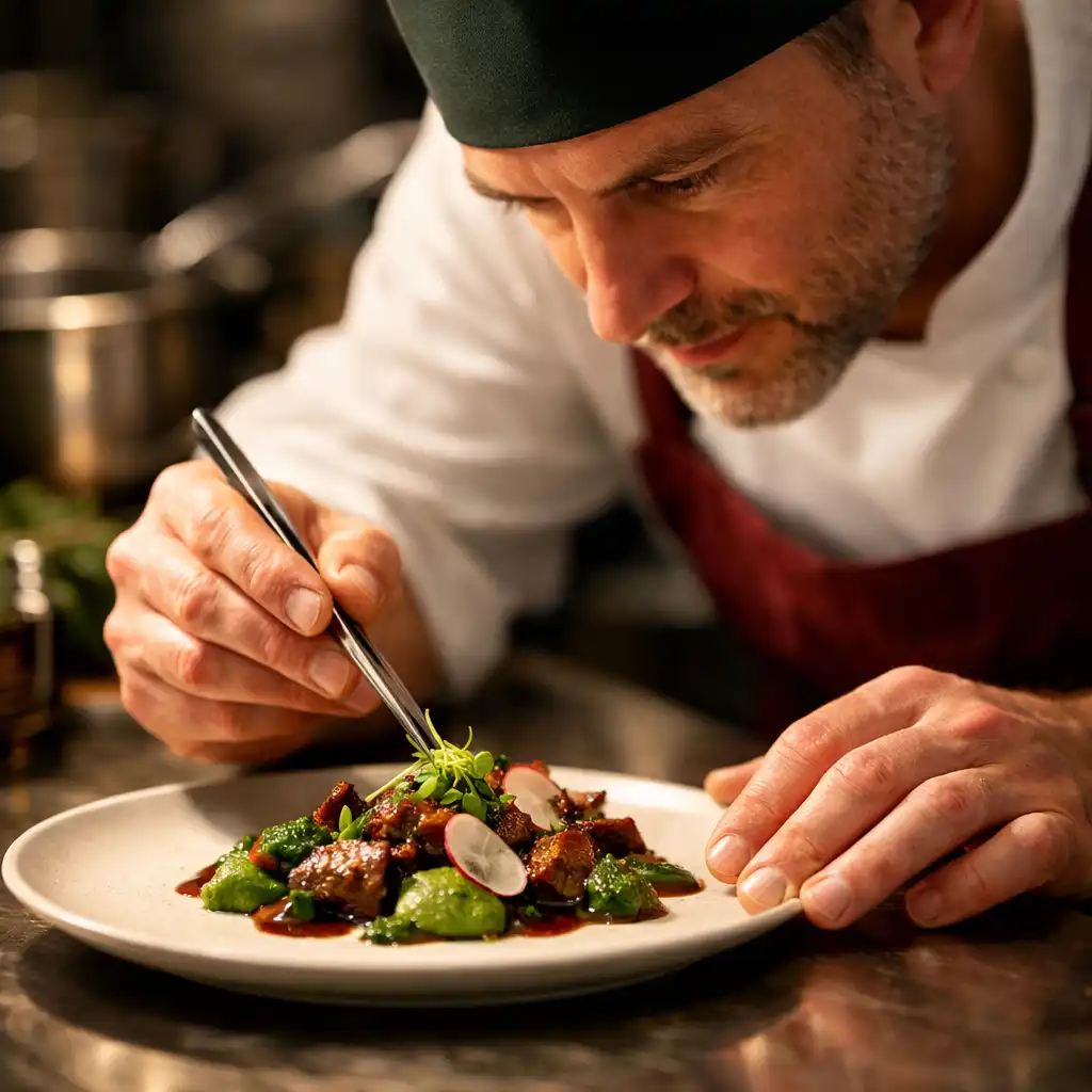 Le chef en pleine création, concentré sur la finition d'un plat