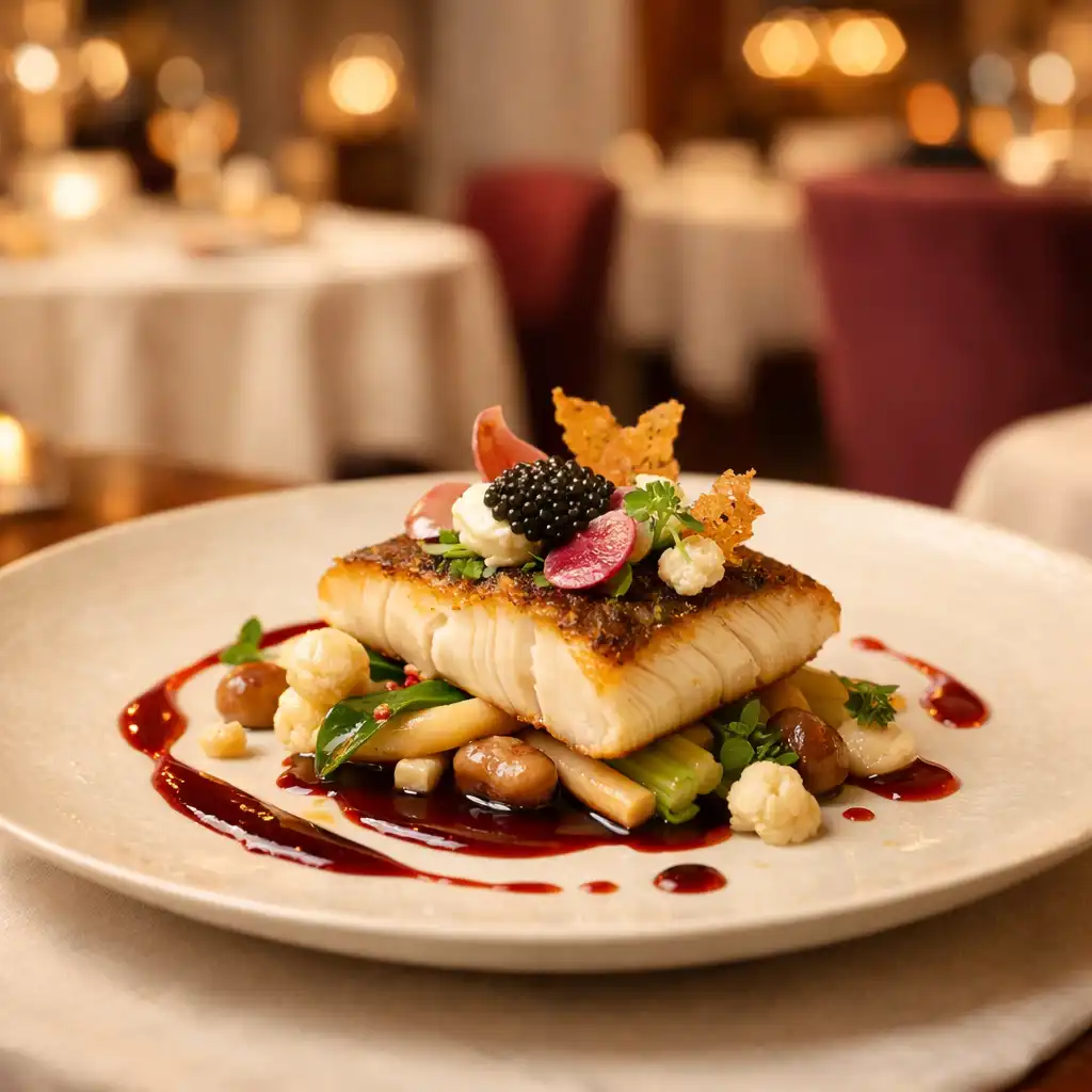 Assiette gastronomique raffinée avec un plat élégant dans un restaurant chaleureux