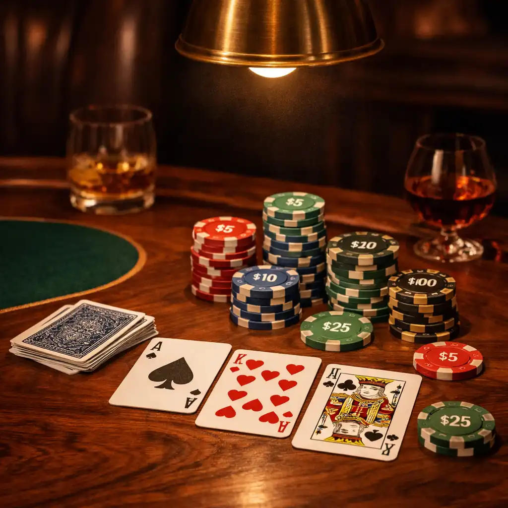 Table de poker en bois de noyer avec jetons et cartes à jouer sous un éclairage tamisé