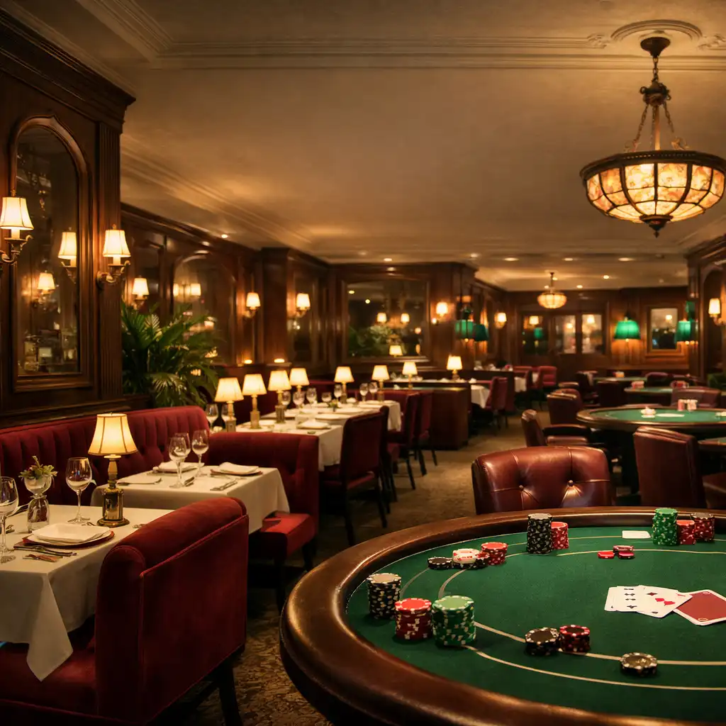 Vue d'ensemble du restaurant et du salon de poker du Jardin Serein, ambiance parisienne élégante avec boiseries en noyer, banquettes en velours bordeaux et tables de poker.