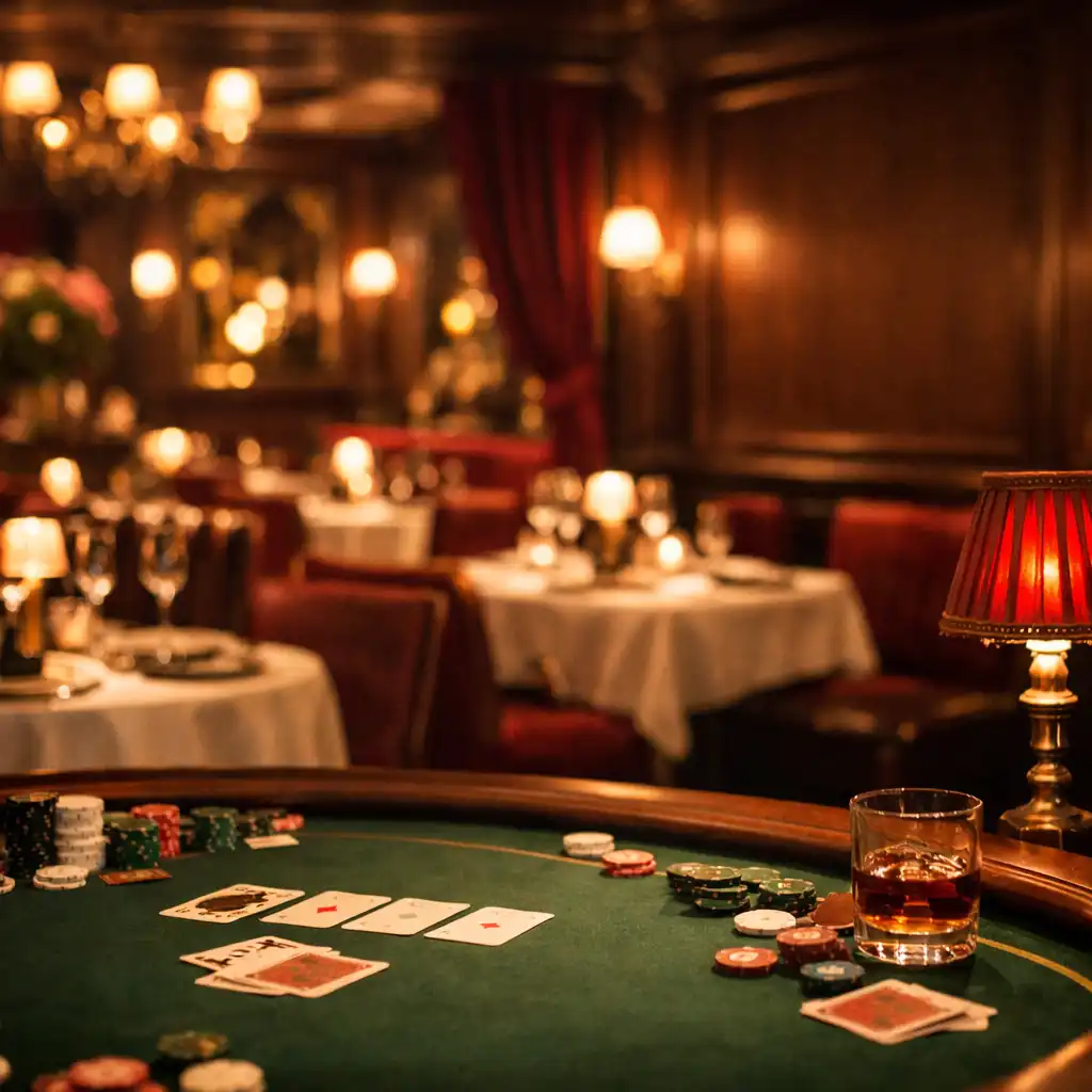 Restaurant parisien élégant avec une table de poker au premier plan, éclairage chaleureux et boiseries en noyer