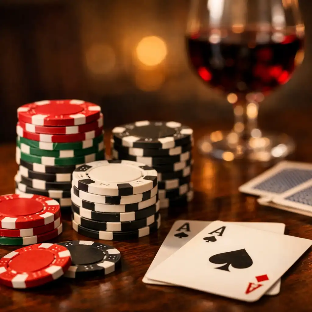 Gros plan sur des jetons de poker et des cartes sur une table en bois sombre, avec un verre de vin rouge flou en arrière-plan