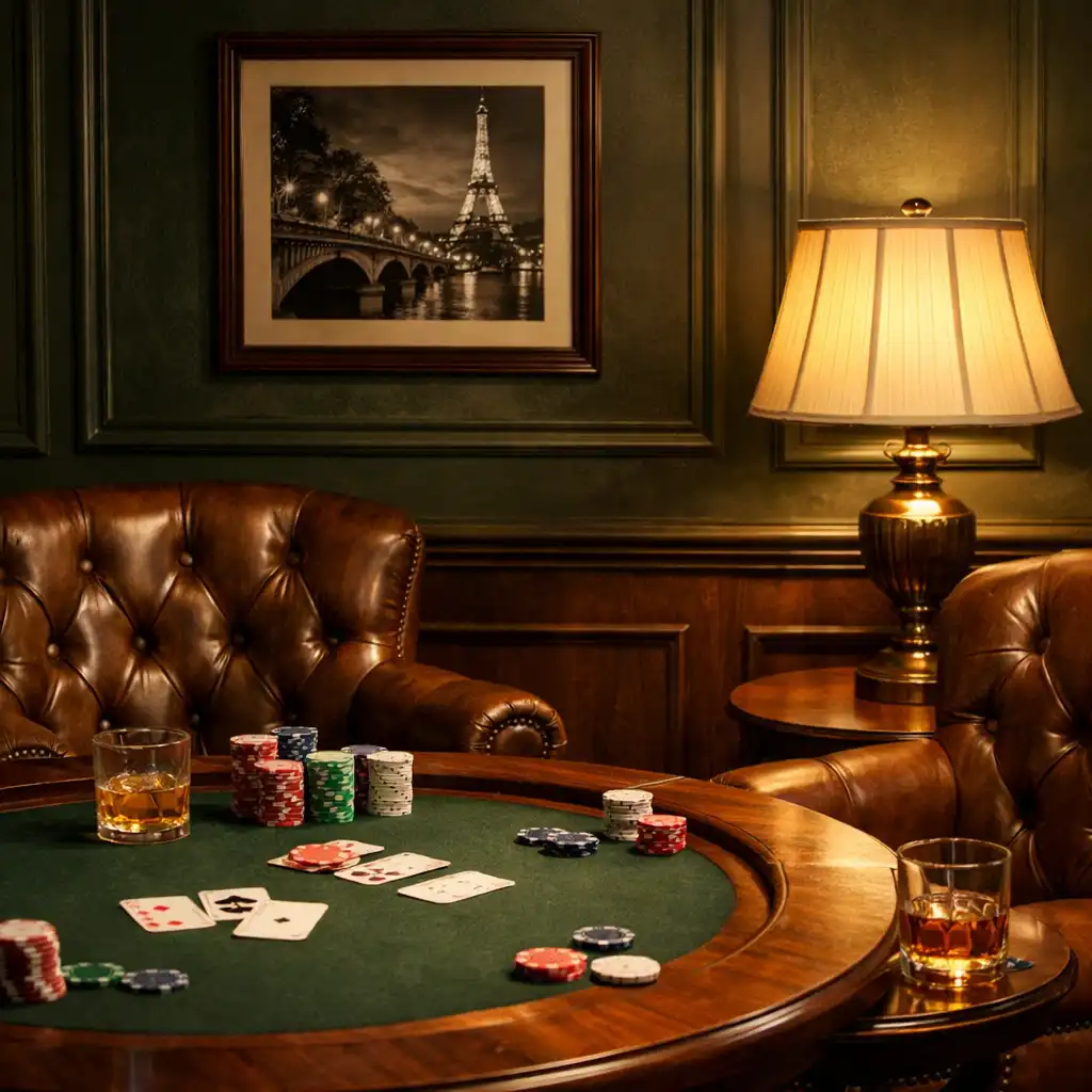 Fauteuils en cuir et table en noyer dans le salon de poker