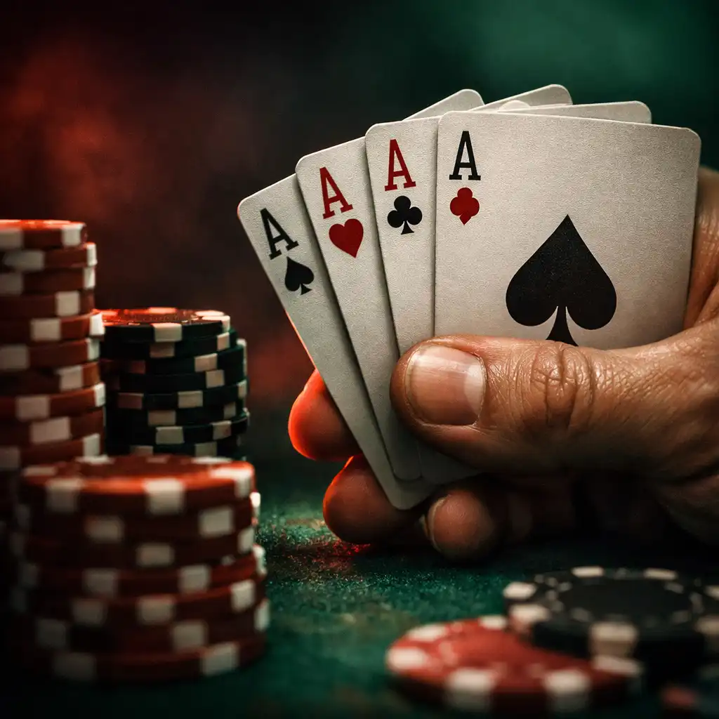 Main de joueur tenant des cartes avec jetons empilés