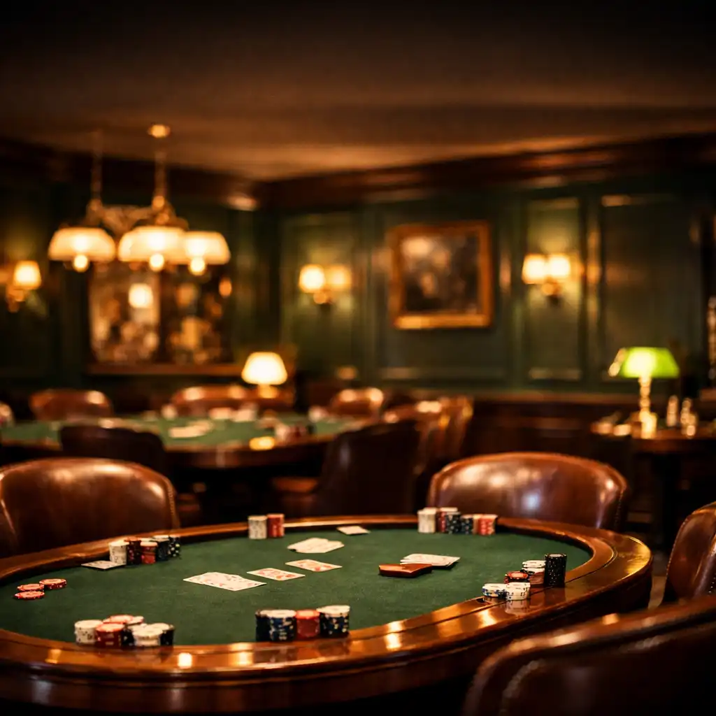 Salon de poker élégant avec tables en noyer et éclairage chaleureux