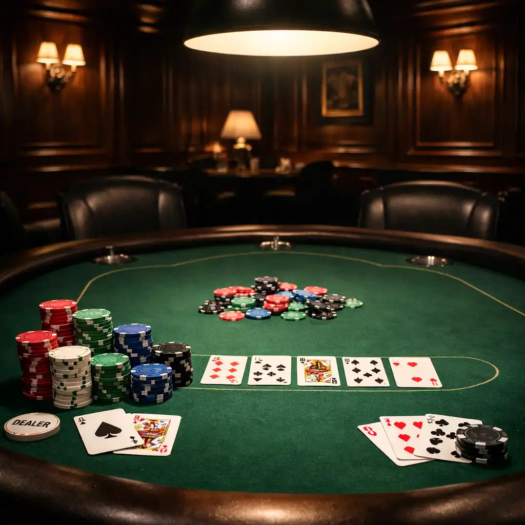 Table de poker professionnelle avec tapis vert, jetons colorés et cartes dans un card room sombre et élégant