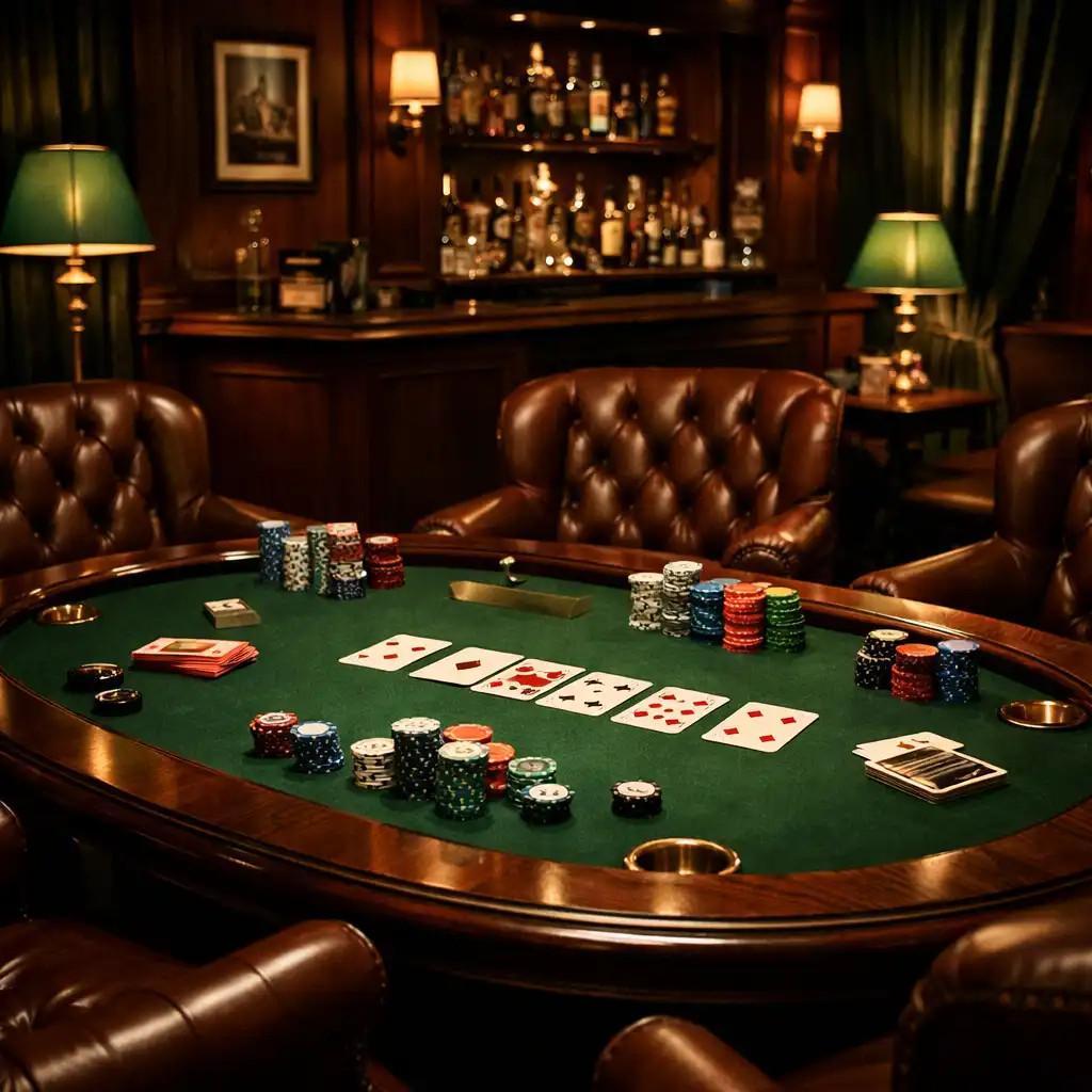 Card lounge élégant avec table de poker en feutre vert, jetons colorés et fauteuils en cuir