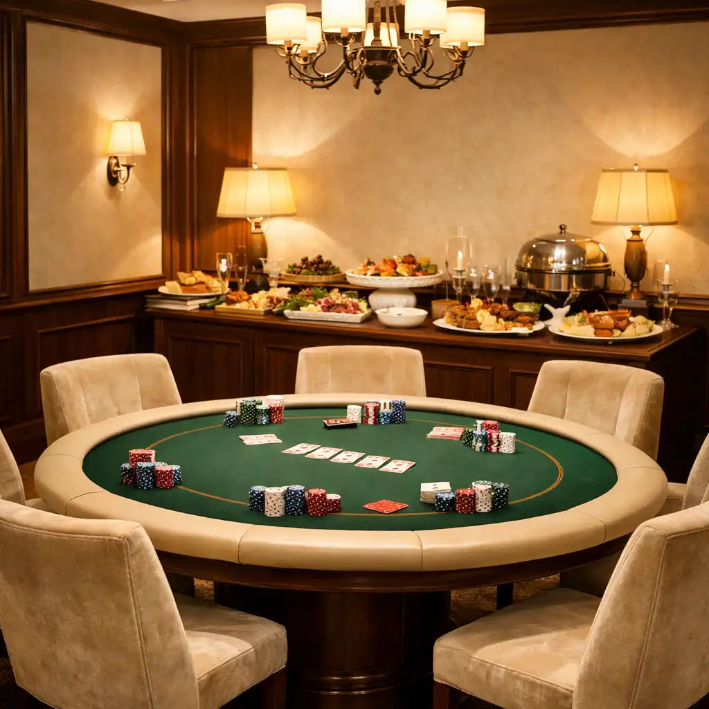 Salle privée avec table de poker et buffet gastronomique