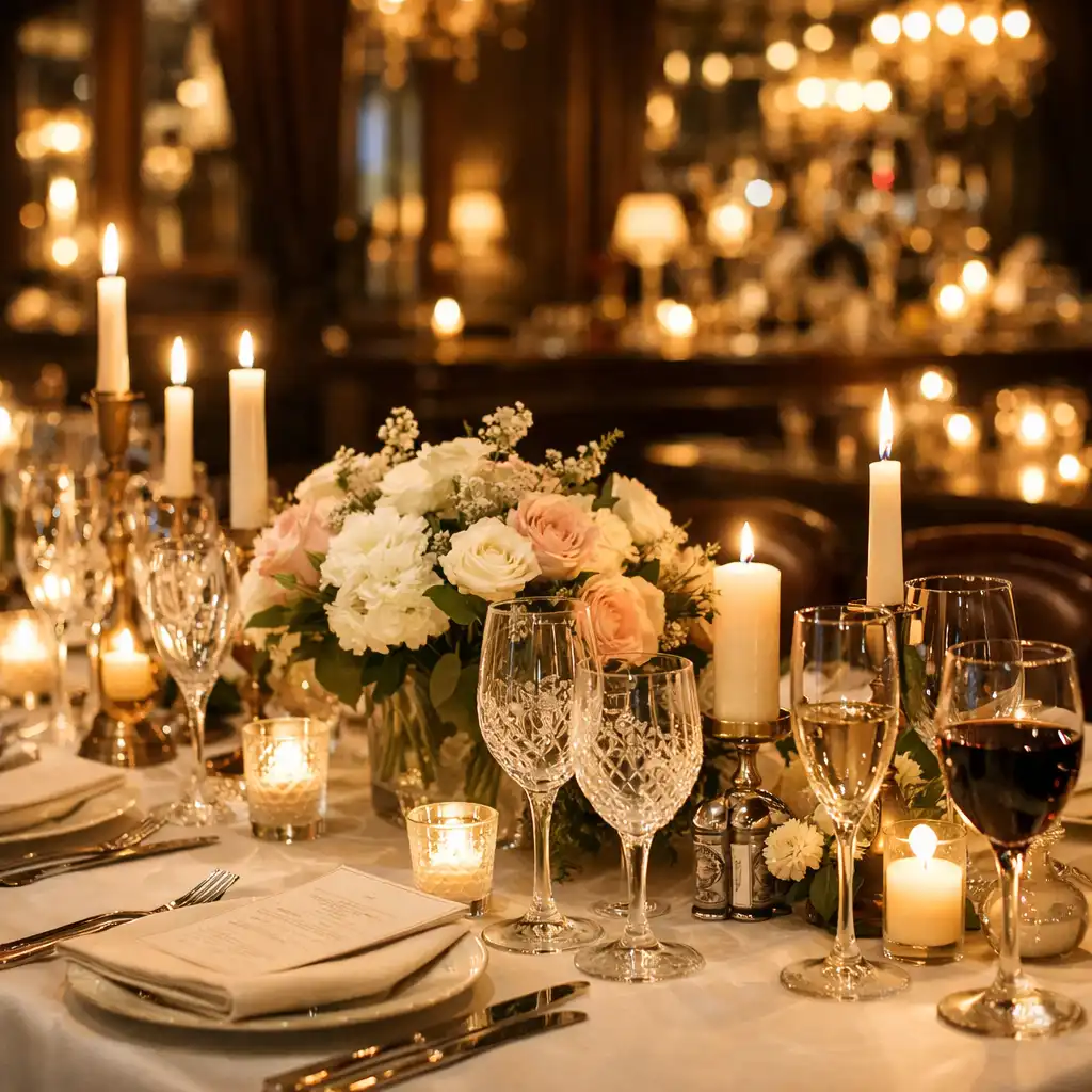Table de réception élégamment dressée pour un événement privé avec bougies, fleurs et verres en cristal