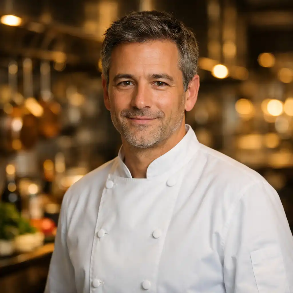 Portrait d'un chef cuisinier en veste blanche dans une cuisine de restaurant élégante