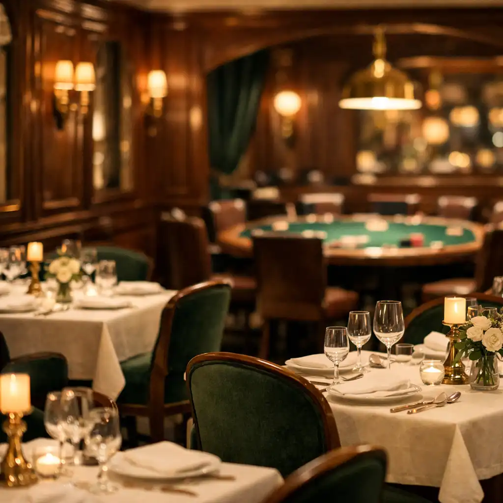 Salle de restaurant parisienne élégante avec tables dressées et table de poker en arrière-plan flou