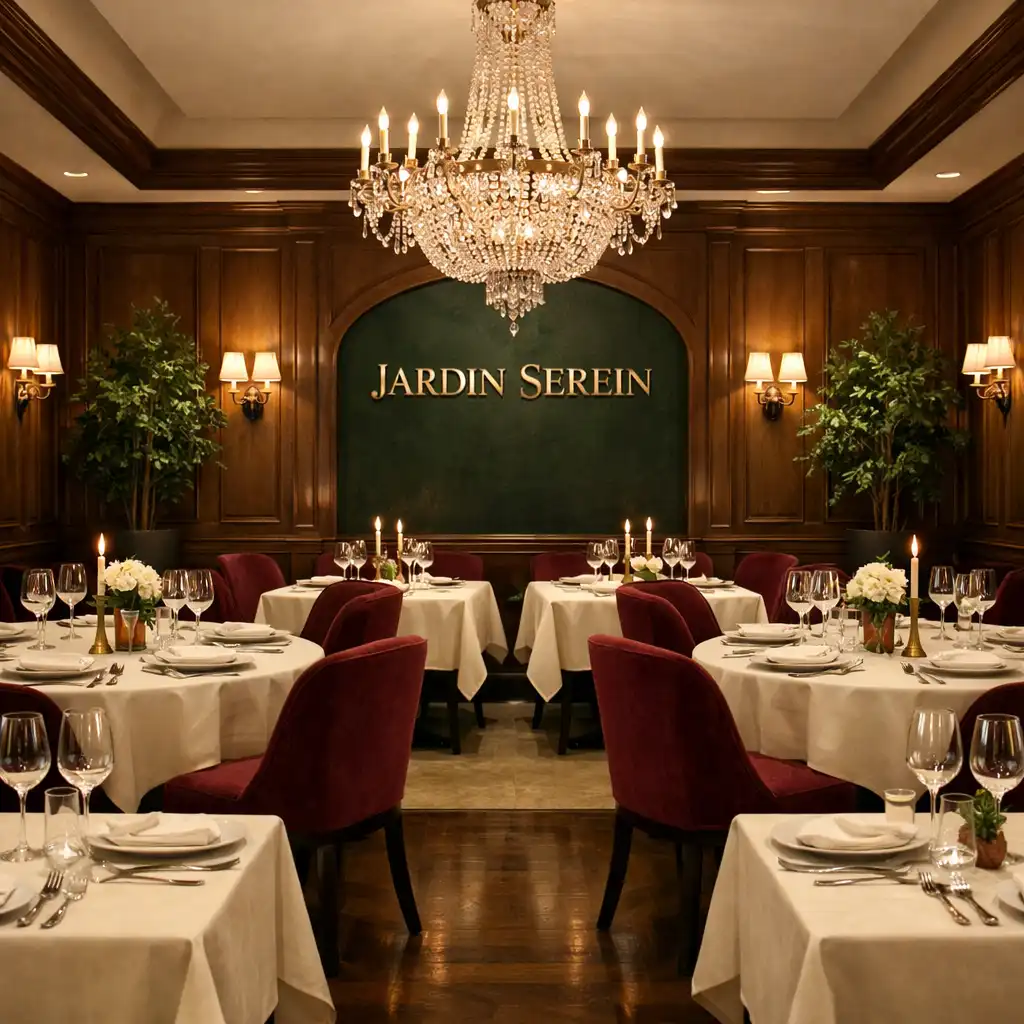 Salle à manger élégante du restaurant Jardin Serein avec tables dressées, chaises en velours bordeaux et lustre en cristal.