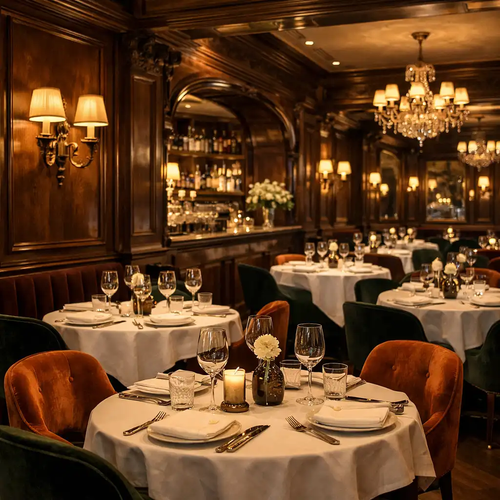 Intérieur d'un restaurant parisien haut de gamme avec tables dressées, chaises en velours et boiseries sombres