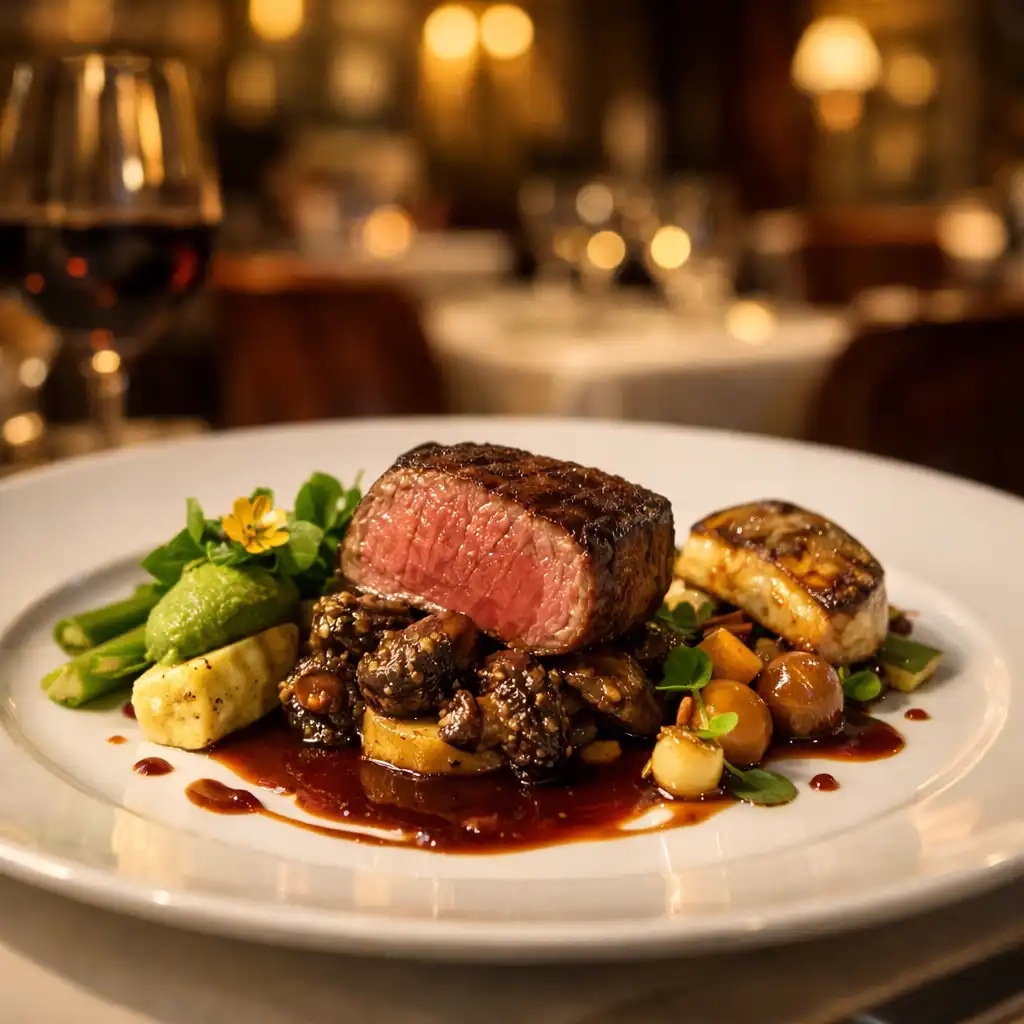 Plat gastronomique français élégamment dressé sur une assiette en porcelaine blanche