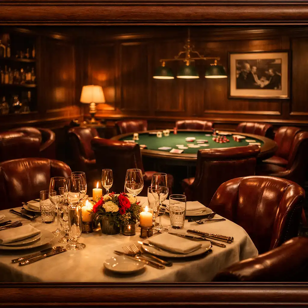 Salle privée élégante avec table de restaurant et table de poker au Jardin Serein
