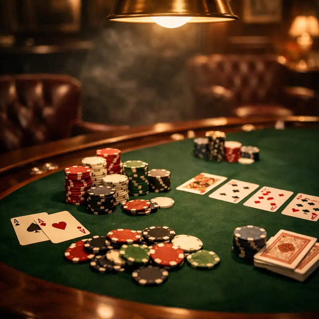 Table de poker élégante dans le card lounge du Jardin Serein, avec jetons et cartes sous un éclairage chaleureux
