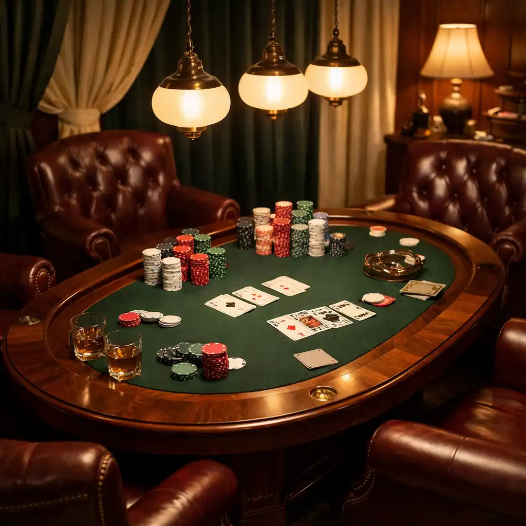Salon de poker intime avec table de poker en noyer, jetons empilés, cartes à jouer et fauteuils en cuir sous un éclairage tamisé.