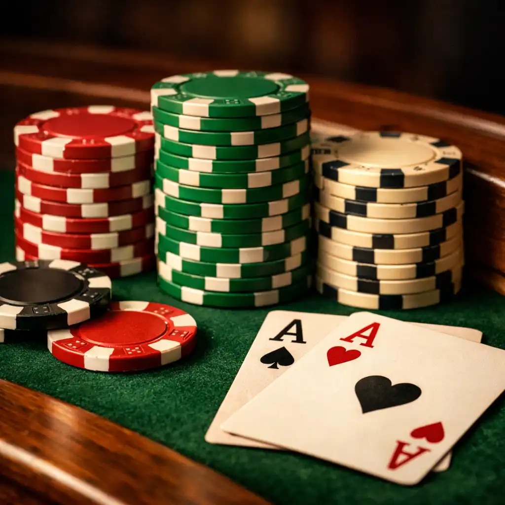 Gros plan sur une table de poker en noyer avec feutre vert, jetons empilés et cartes à jouer