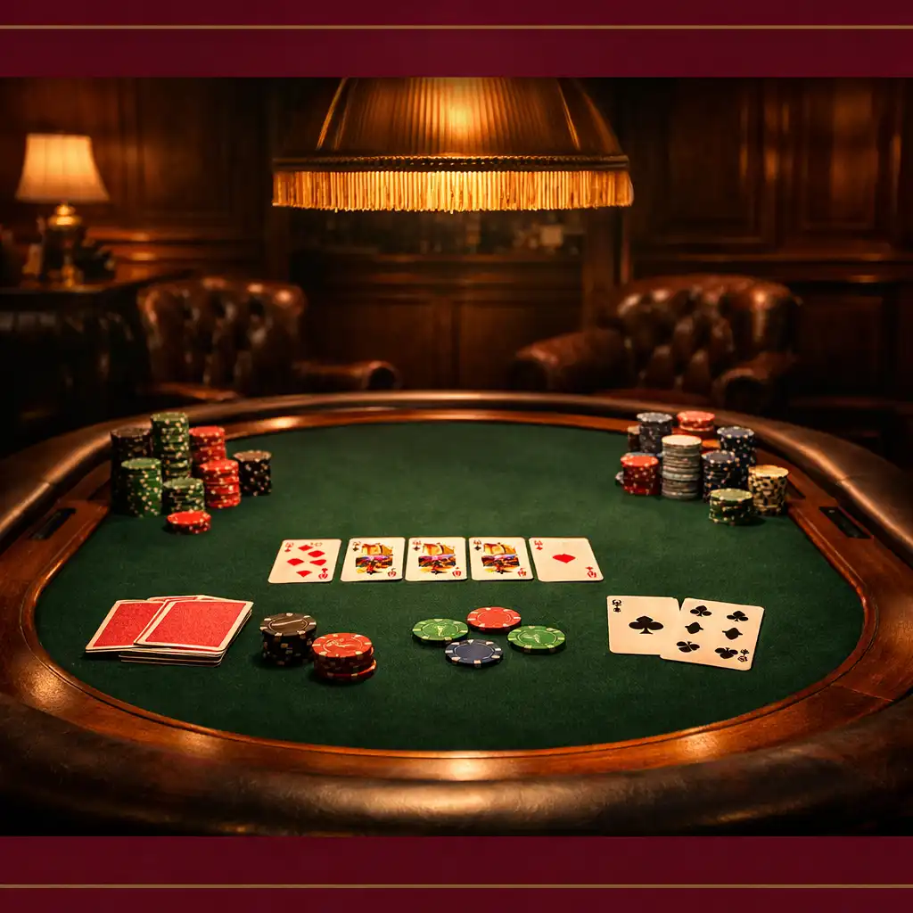Table de poker élégante avec jetons et cartes dans le card lounge du Jardin Serein